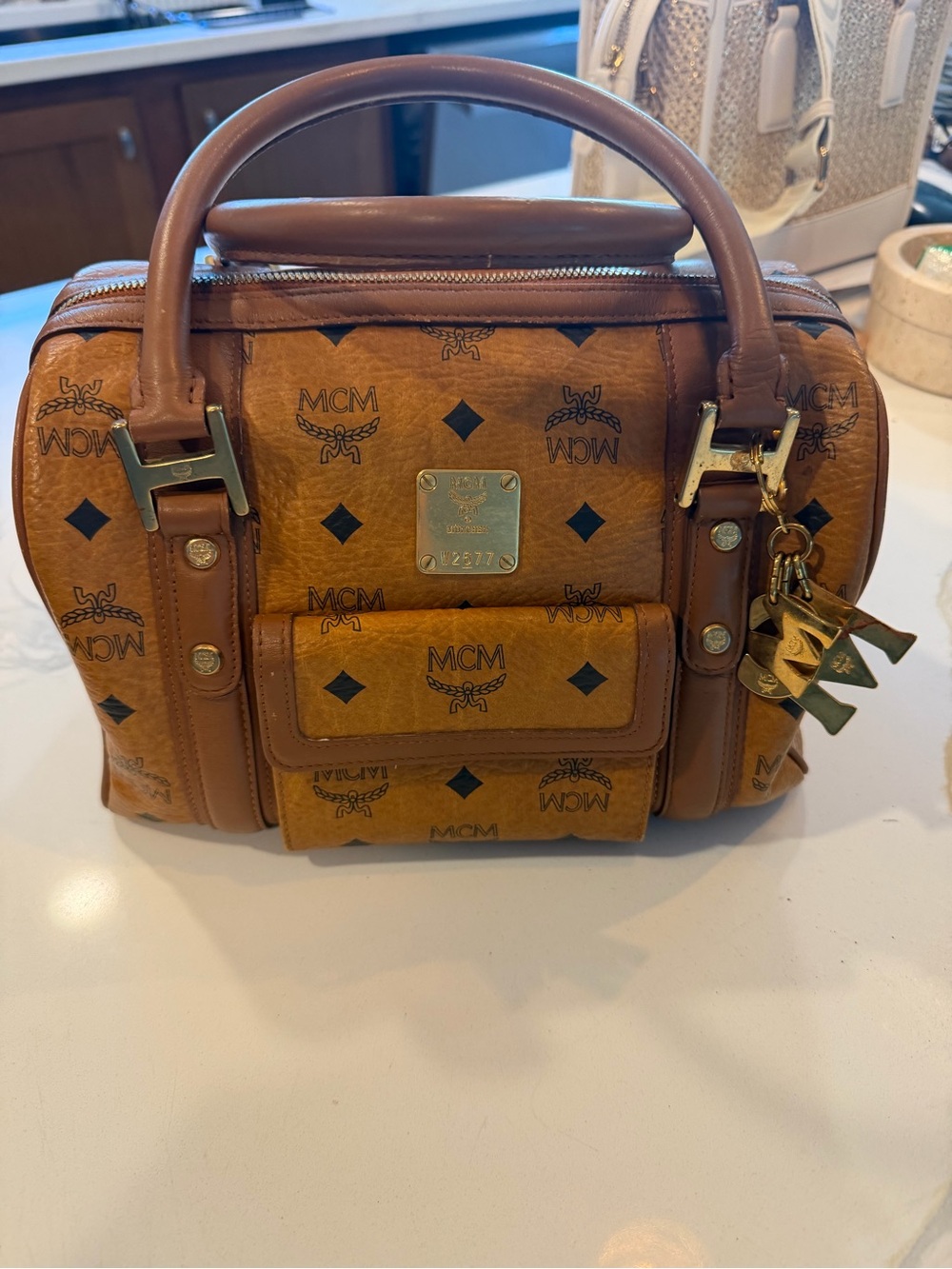 MCM Cognac Visetos Satchel with Gold Hardware